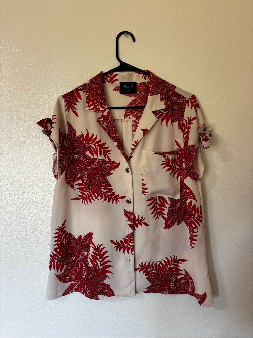 Floral Button-Front Cream Top with Red Print